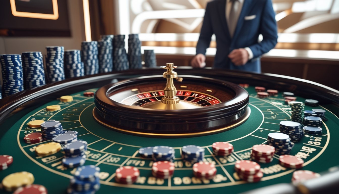 Meja roulette kasino mewah dengan roda roulette berputar dan tumpukan chip taruhan, seorang dealer berpakaian rapi sedang mengelola permainan.