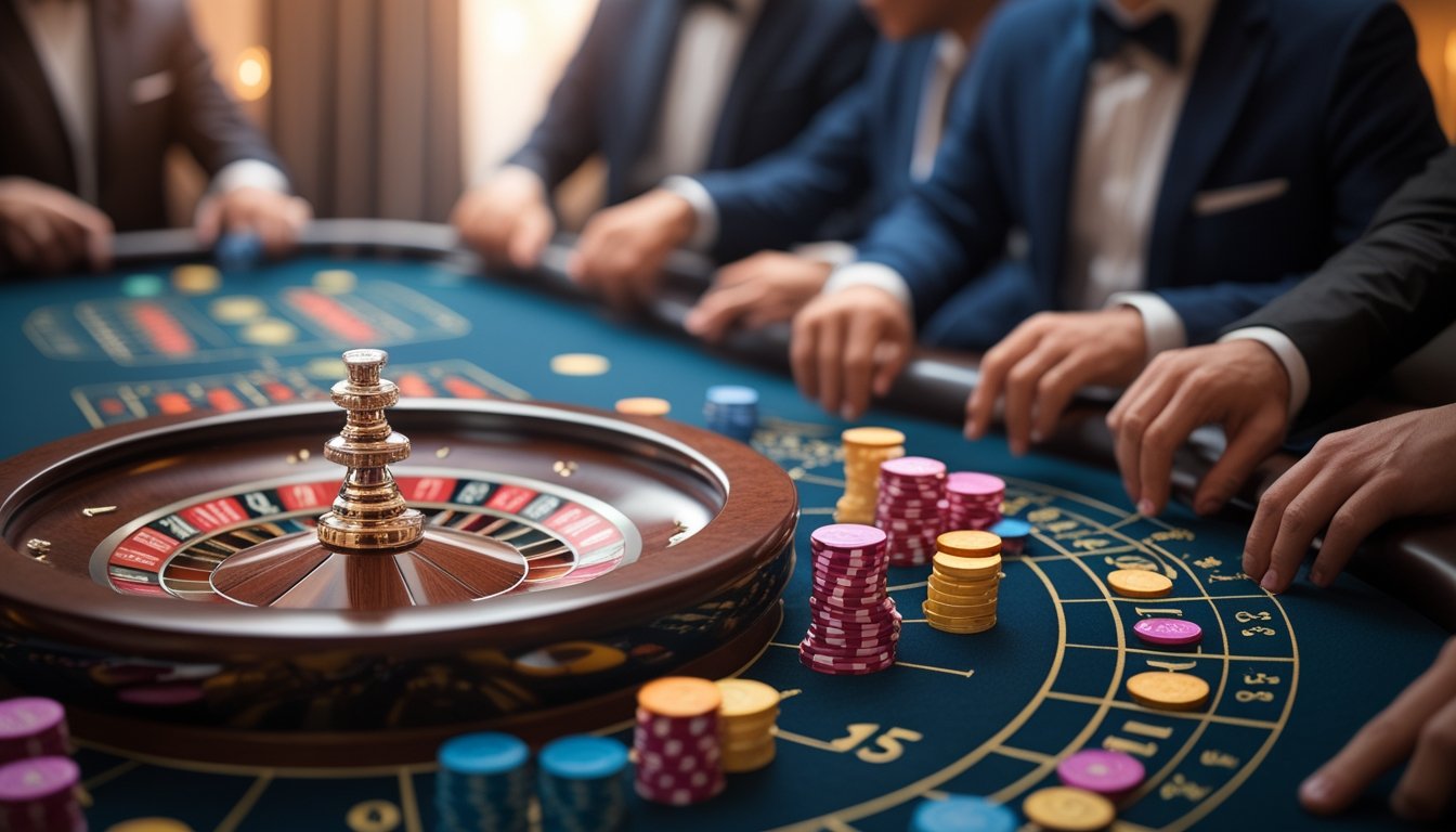 Meja roulette VIP dengan pemain berpakaian rapi sedang memasang taruhan di kasino yang mewah.