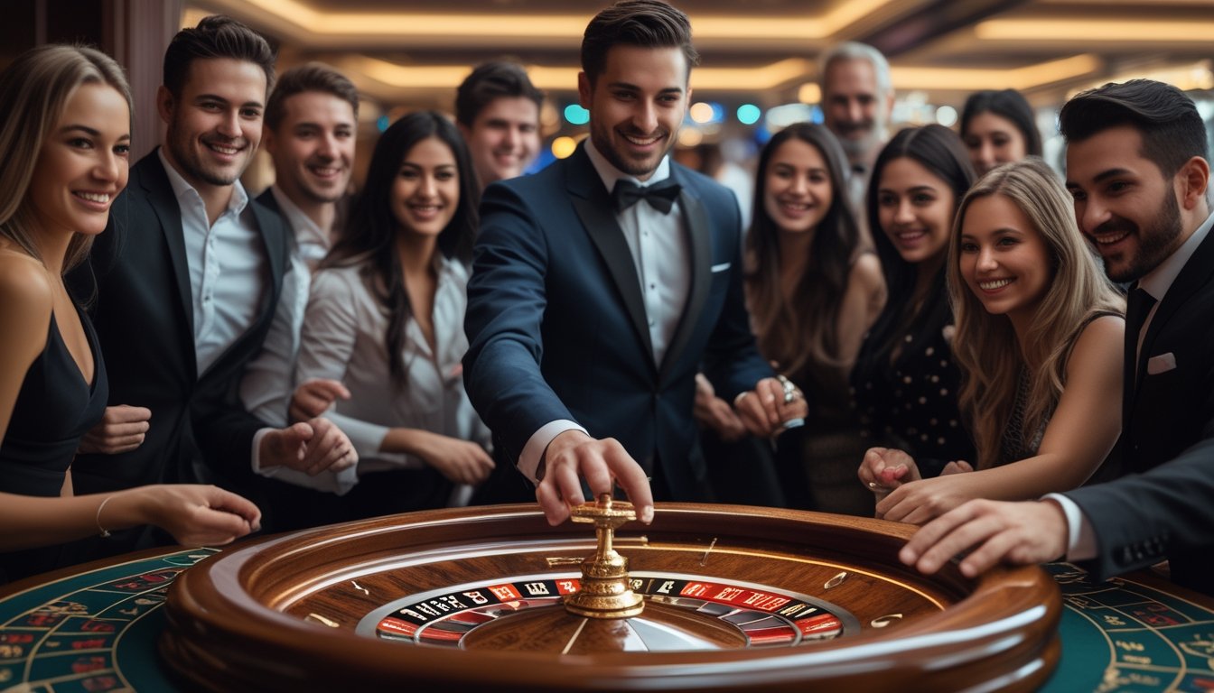 Seorang dealer berpakaian rapi sedang memutar roda roulette di meja VIP dengan beberapa pemain yang antusias memasang taruhan kecil di kasino.