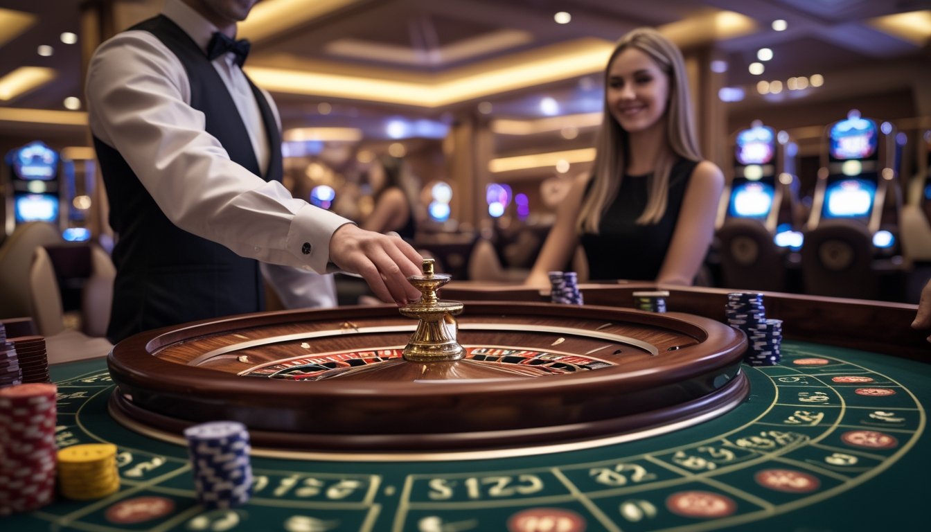 Seorang dealer di meja roulette VIP di kasino mewah dengan beberapa pemain yang bermain menggunakan modal kecil.