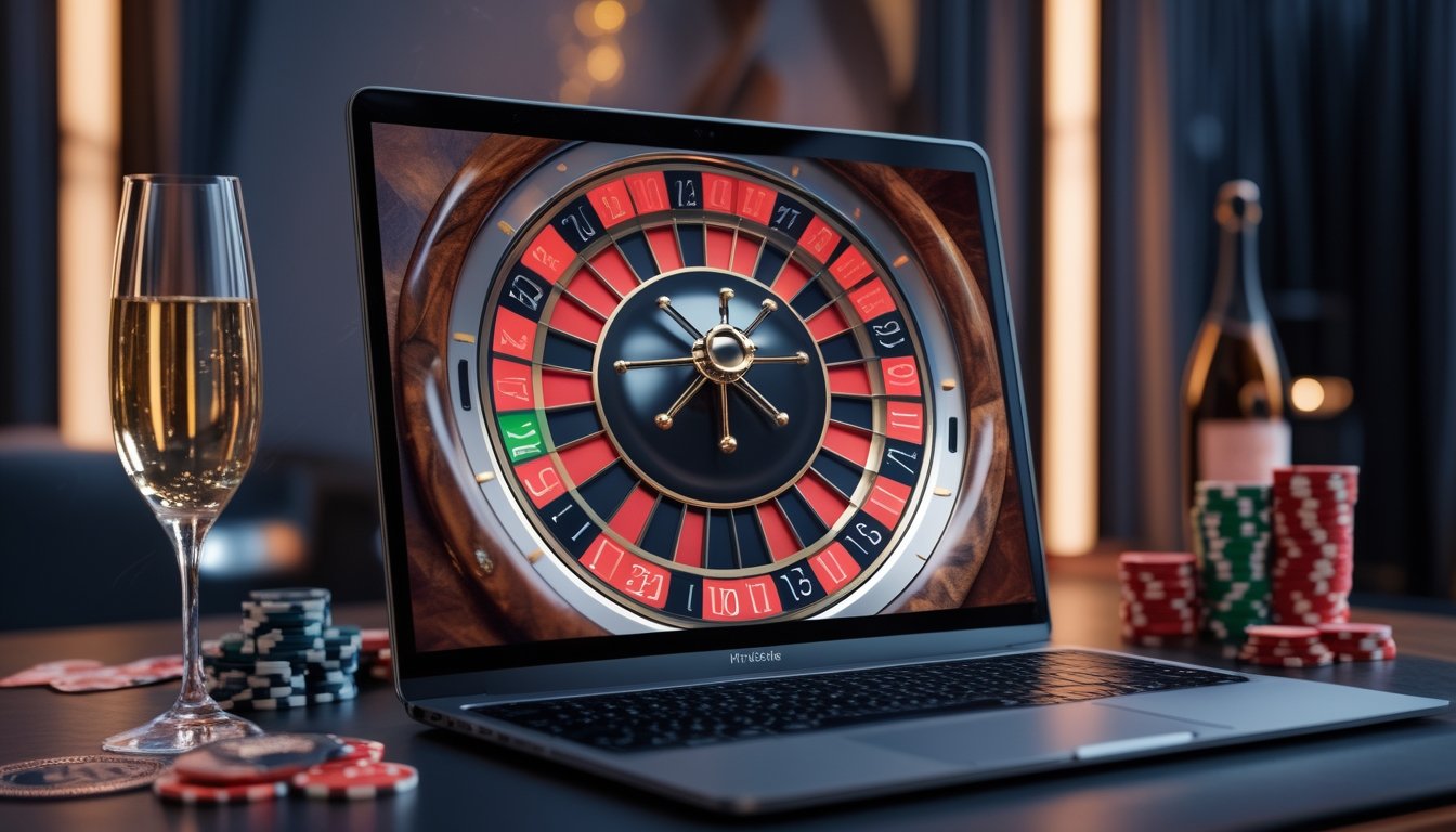 Sebuah setup permainan roulette online VIP dengan komputer menampilkan roda roulette dan elemen mewah seperti chip kasino dan gelas sampanye.