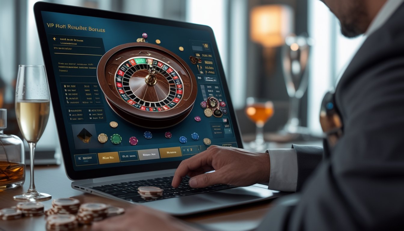 Seseorang yang sedang bermain roulette online VIP di depan komputer dengan suasana mewah dan elegan.
