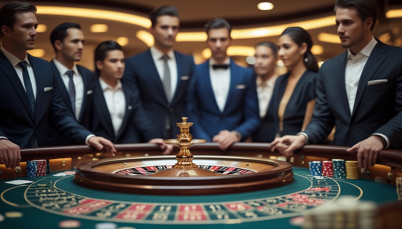 Meja roulette VIP dengan pemain berpakaian rapi mengamati bola yang berputar di kasino mewah.