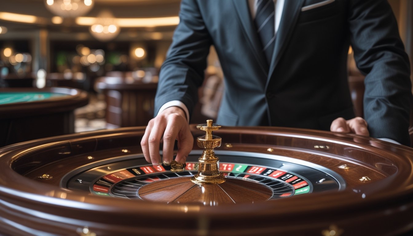 Seorang pemain berpakaian rapi sedang memasang taruhan di meja roulette VIP di kasino yang mewah.