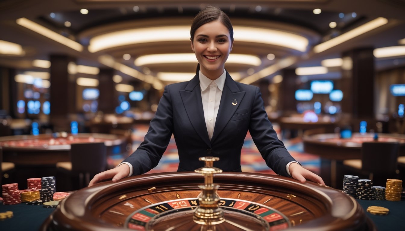 Seorang dealer profesional berdiri di belakang meja roulette di kasino dengan suasana asli dan pencahayaan hangat.