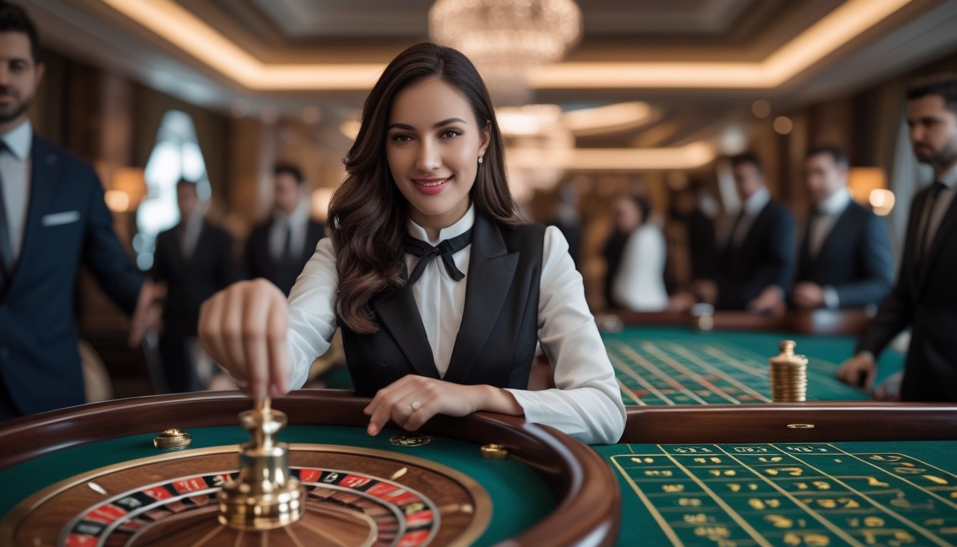 Seorang dealer profesional sedang memutar roda roulette di meja kasino dengan suasana mewah dan pemain berpakaian formal di latar belakang.