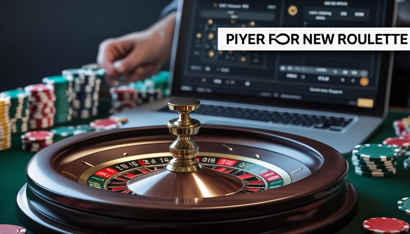 Meja roulette dengan roda berputar dan tumpukan chip kasino di depan layar laptop yang menampilkan situs kasino online.