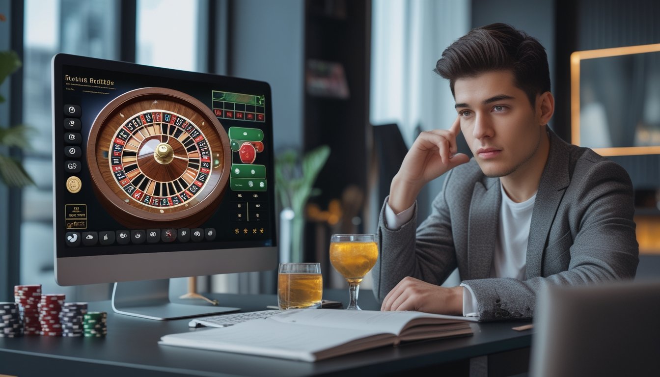 Seorang pemain muda sedang fokus menganalisis permainan roulette online di depan layar komputer dengan roda roulette digital, di lingkungan rumah atau kantor yang rapi.