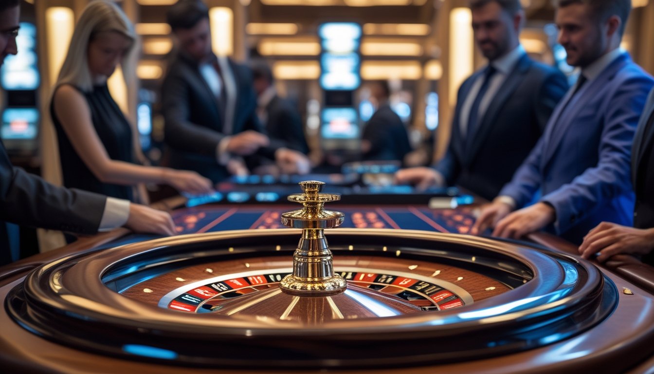 Meja roulette VIP mewah dengan pemain yang sedang bermain di kasino modern.