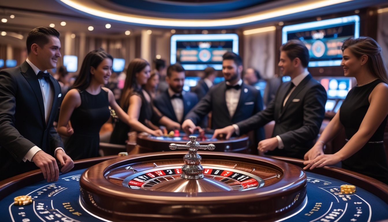 Meja roulette VIP mewah dengan pemain berpakaian formal bermain di kasino yang elegan.