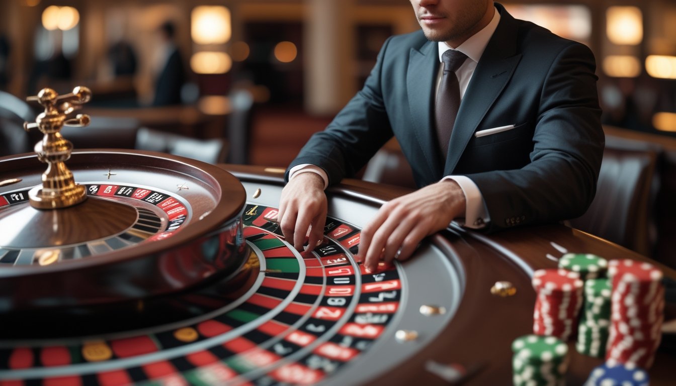 Seorang pemain profesional mengenakan jas gelap sedang mengamati roda roulette di meja kasino mewah dengan tumpukan chip di dekatnya.
