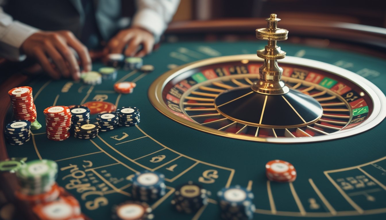 Meja roulette dengan roda berputar, chip taruhan, dan tangan seseorang yang sedang memasang taruhan.