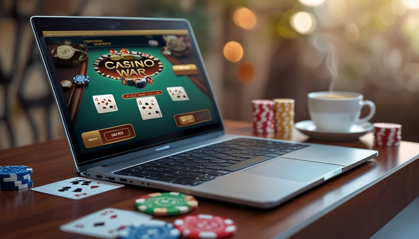 Seorang pemain sedang menggunakan laptop dengan tampilan permainan Casino War online, dikelilingi oleh kartu remi dan chip kasino di atas meja kayu.