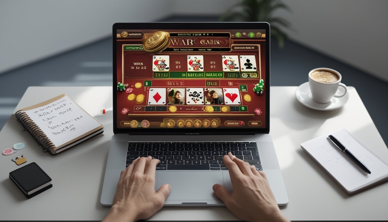 Seorang pemula bermain permainan Casino War di komputer dengan kartu dan chip di meja, dilengkapi dengan buku catatan dan kopi di sampingnya.