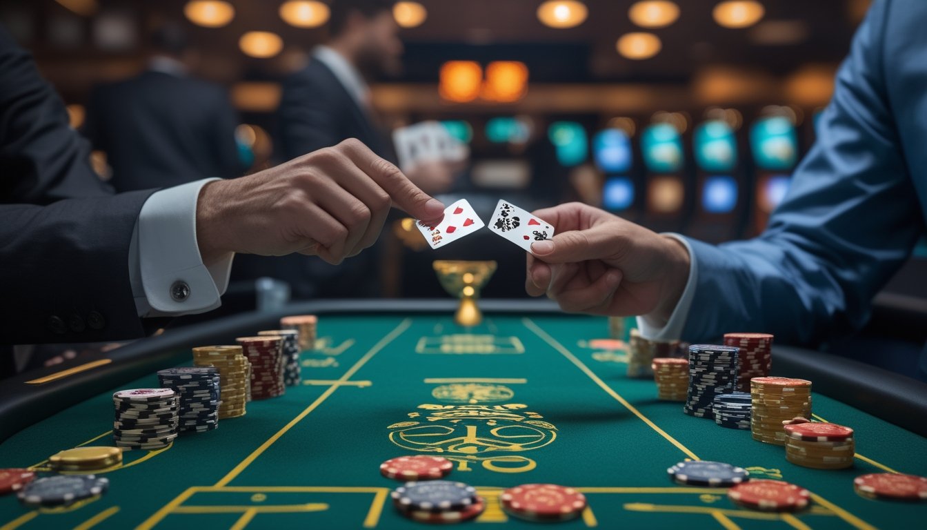 Dua pemain sedang bermain permainan kartu Casino War di meja kasino dengan chip taruhan dan dealer mengawasi.