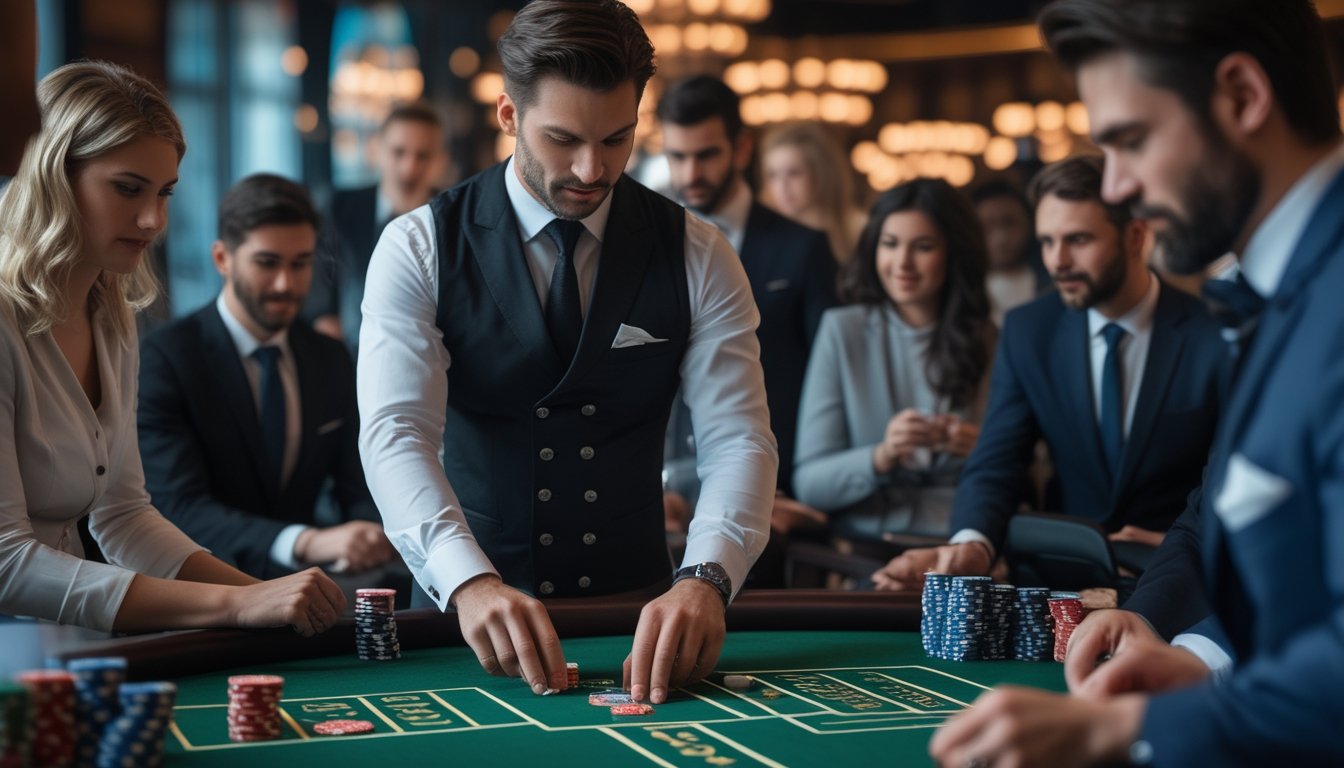 Seorang dealer membagikan kartu di meja Casino War dengan beberapa pemain yang fokus dan antusias di sekitarnya dalam suasana kasino.