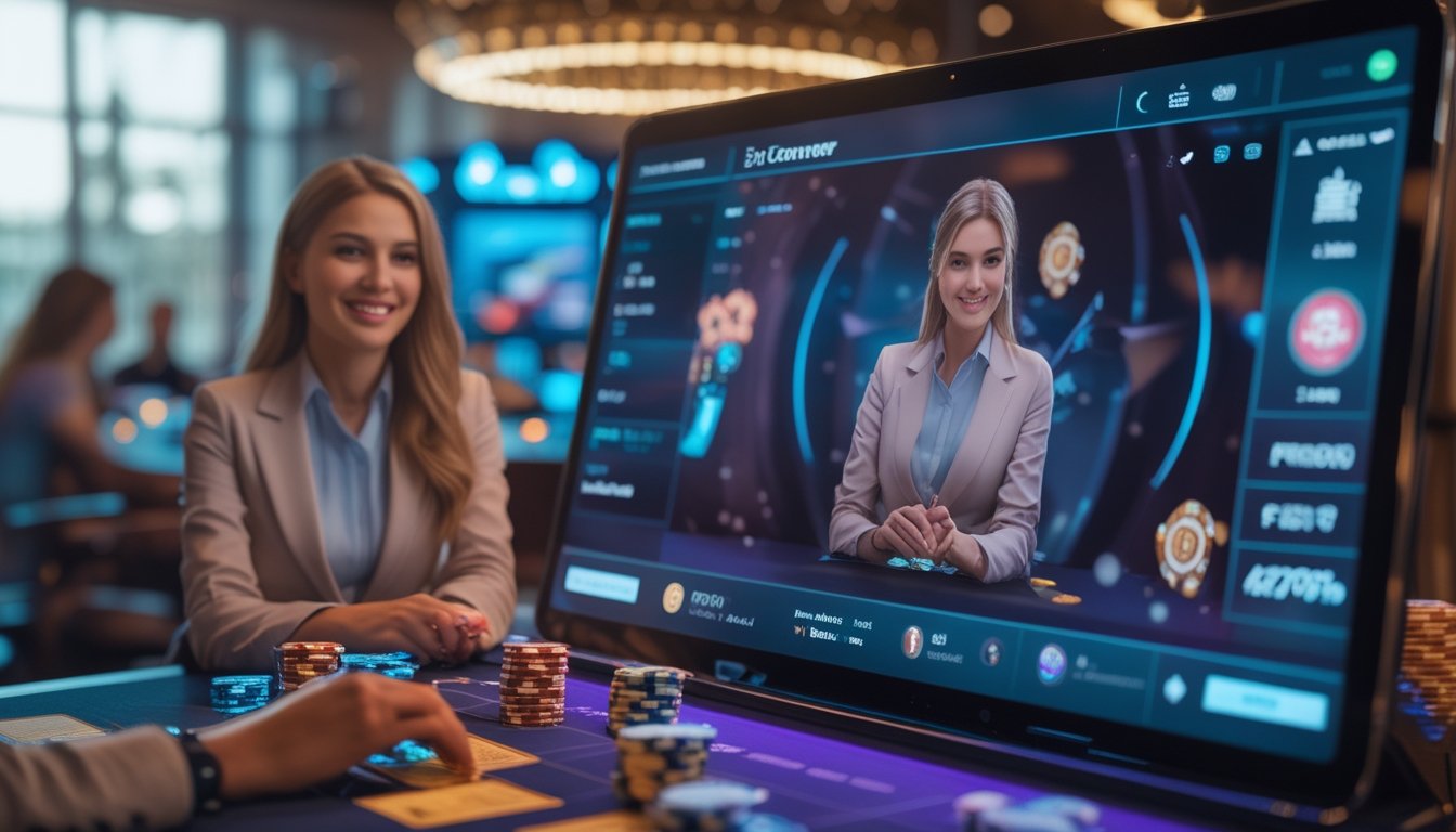 Seorang dealer langsung yang ramah sedang menjalankan permainan Casino War online di layar komputer dengan latar belakang elemen kasino.