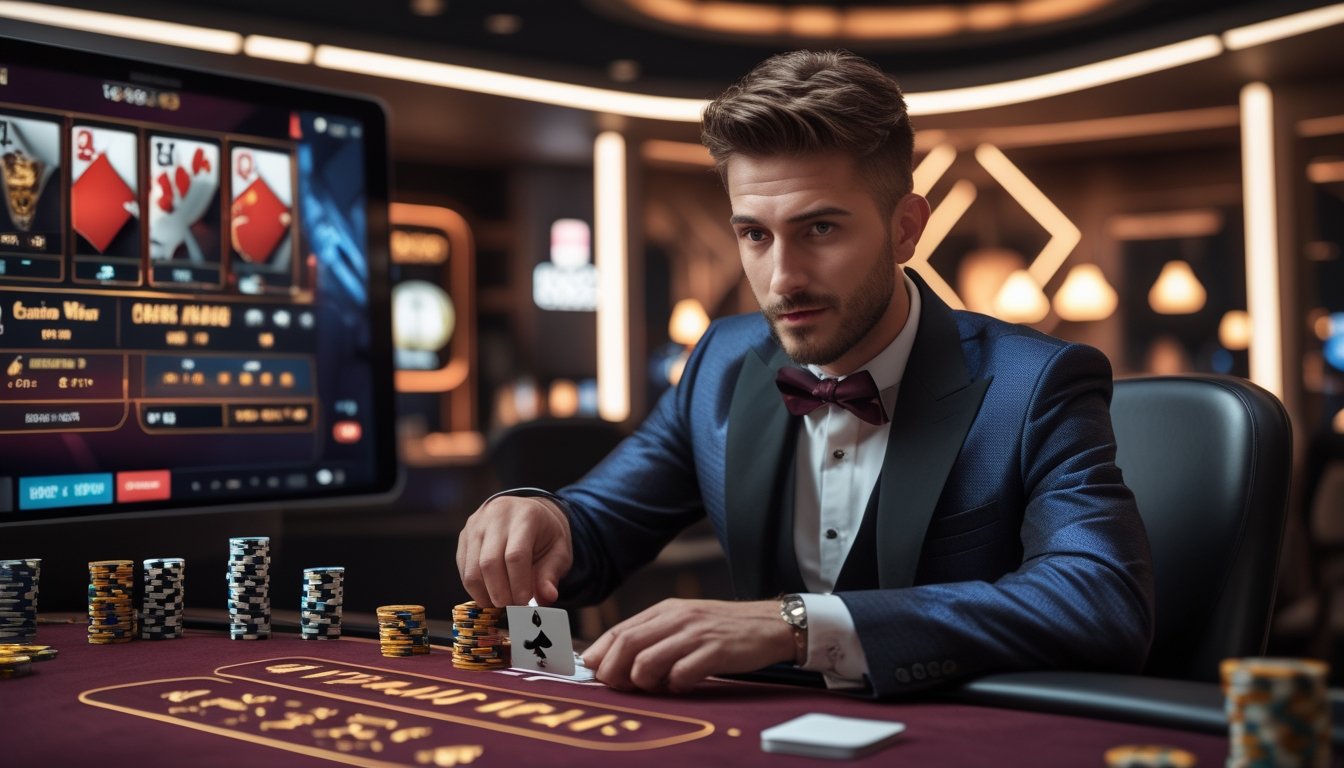 Seorang dealer langsung yang profesional sedang membagikan kartu dalam permainan Casino War online dengan meja permainan digital dan chip di sekitarnya.