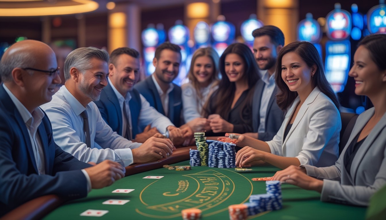 Suasana meja permainan Casino War di kasino dengan beberapa pemain dan dealer yang sedang bermain kartu.