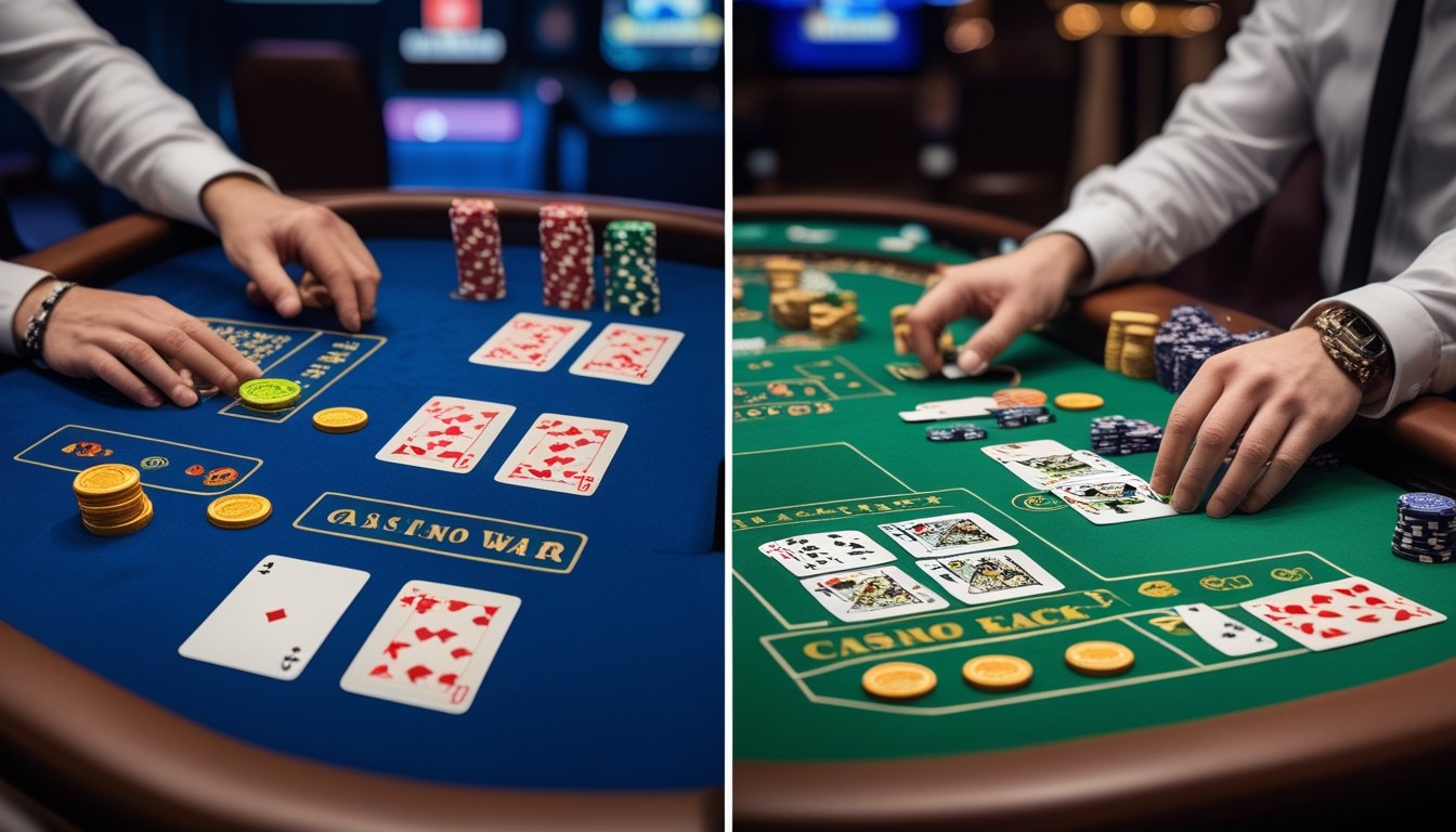 Dua meja permainan kartu di kasino online yang menunjukkan perbedaan antara Casino War dan Blackjack dengan kartu dan chip di atas meja.