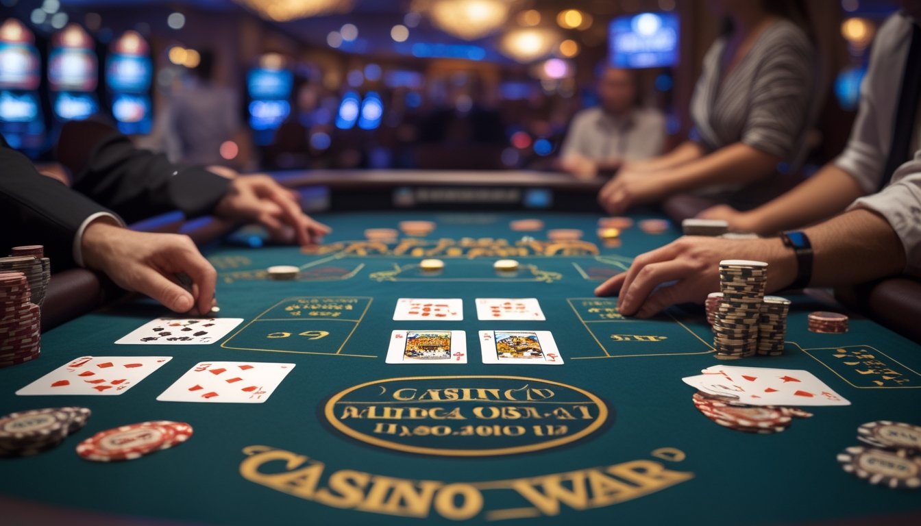 Meja kasino dengan permainan kartu Casino War dan Blackjack yang sedang dimainkan, menampilkan kartu dan chip di lingkungan kasino.