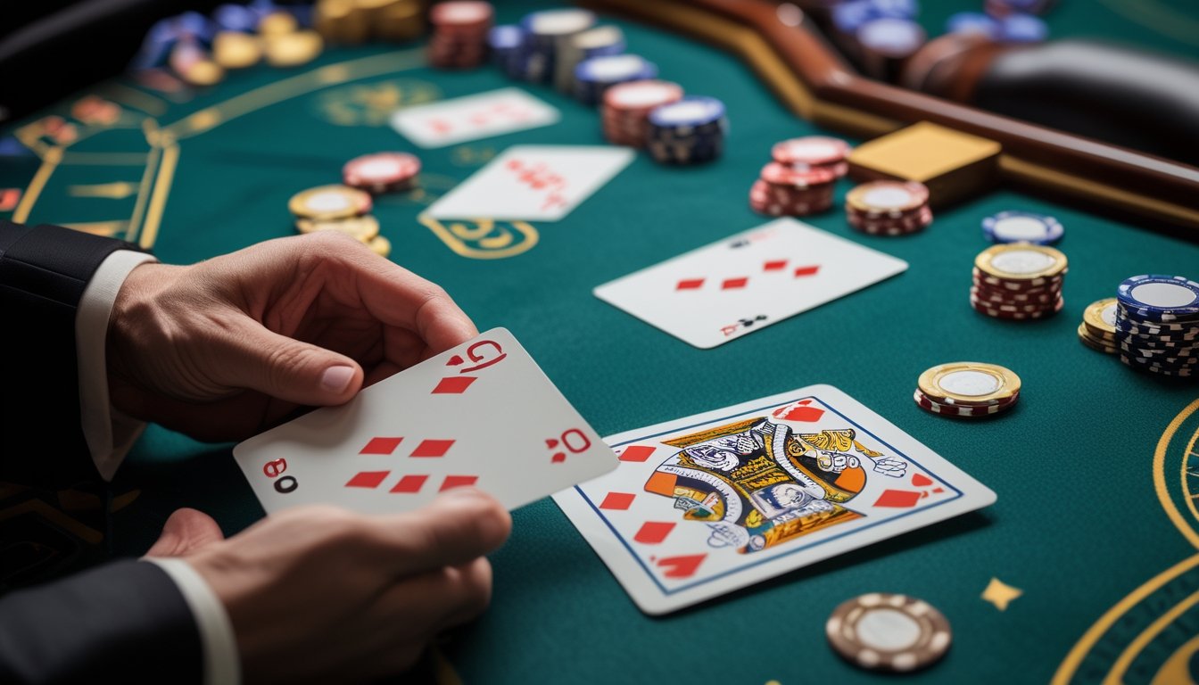 Tangan pemain memegang kartu di meja kasino dengan kartu dealer dan chip terlihat di latar belakang.