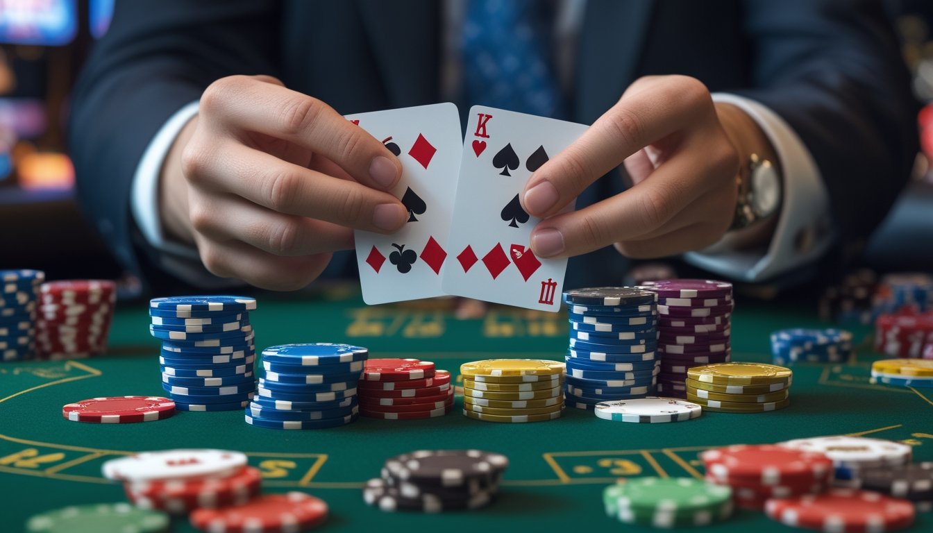 Tangan dealer memegang kartu remi di meja kasino dengan tumpukan chip di sekitarnya.