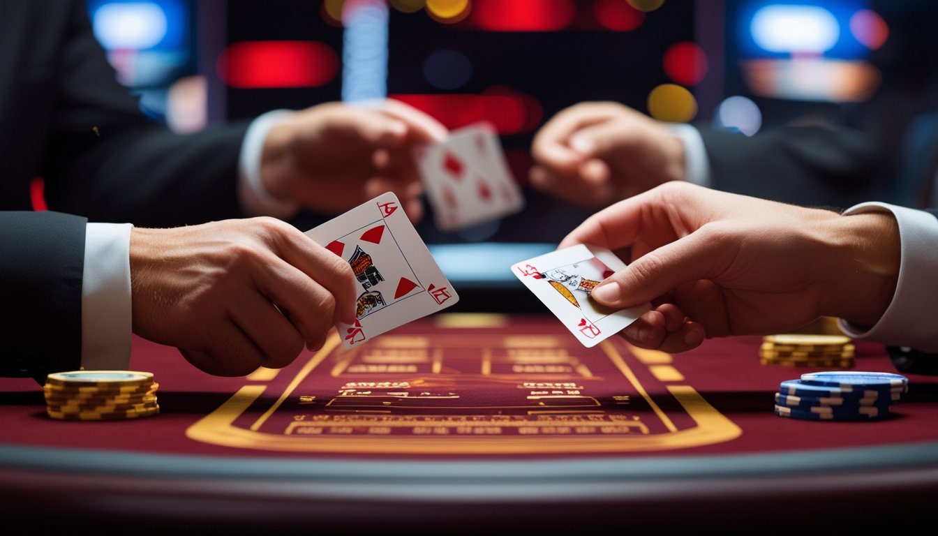 Meja kasino modern dengan dua tangan memegang kartu bermain dalam permainan Casino War yang seru dan cepat.