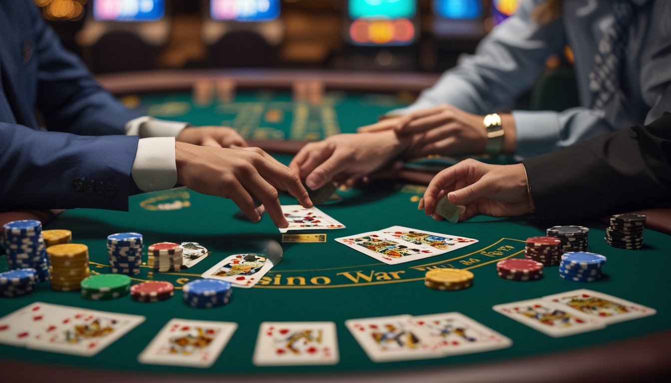 Meja kasino dengan kartu dan chip, dealer sedang membagikan kartu kepada pemain.