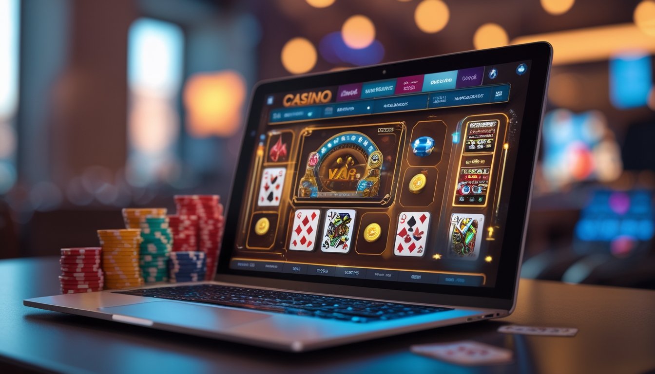 Sebuah perangkat digital menampilkan permainan Casino War dengan kartu dan chip di sekitarnya dalam suasana kasino online.