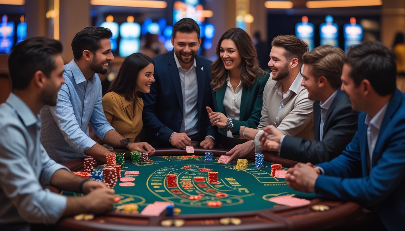 Sekelompok orang bermain permainan Casino War di meja kasino dengan kartu dan chip yang tertata rapi.
