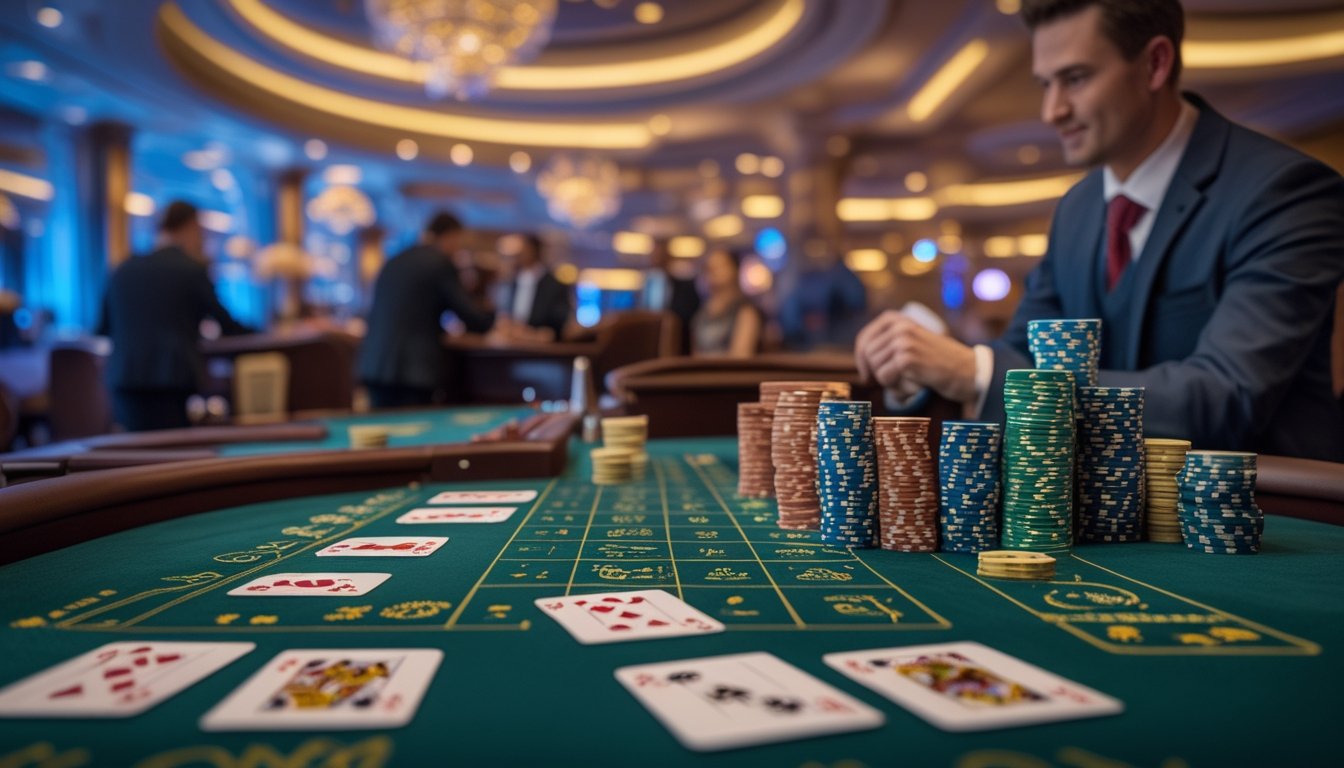 Meja kasino dengan kartu dan chip, dealer sedang mengatur permainan Casino War di dalam ruangan kasino yang mewah.