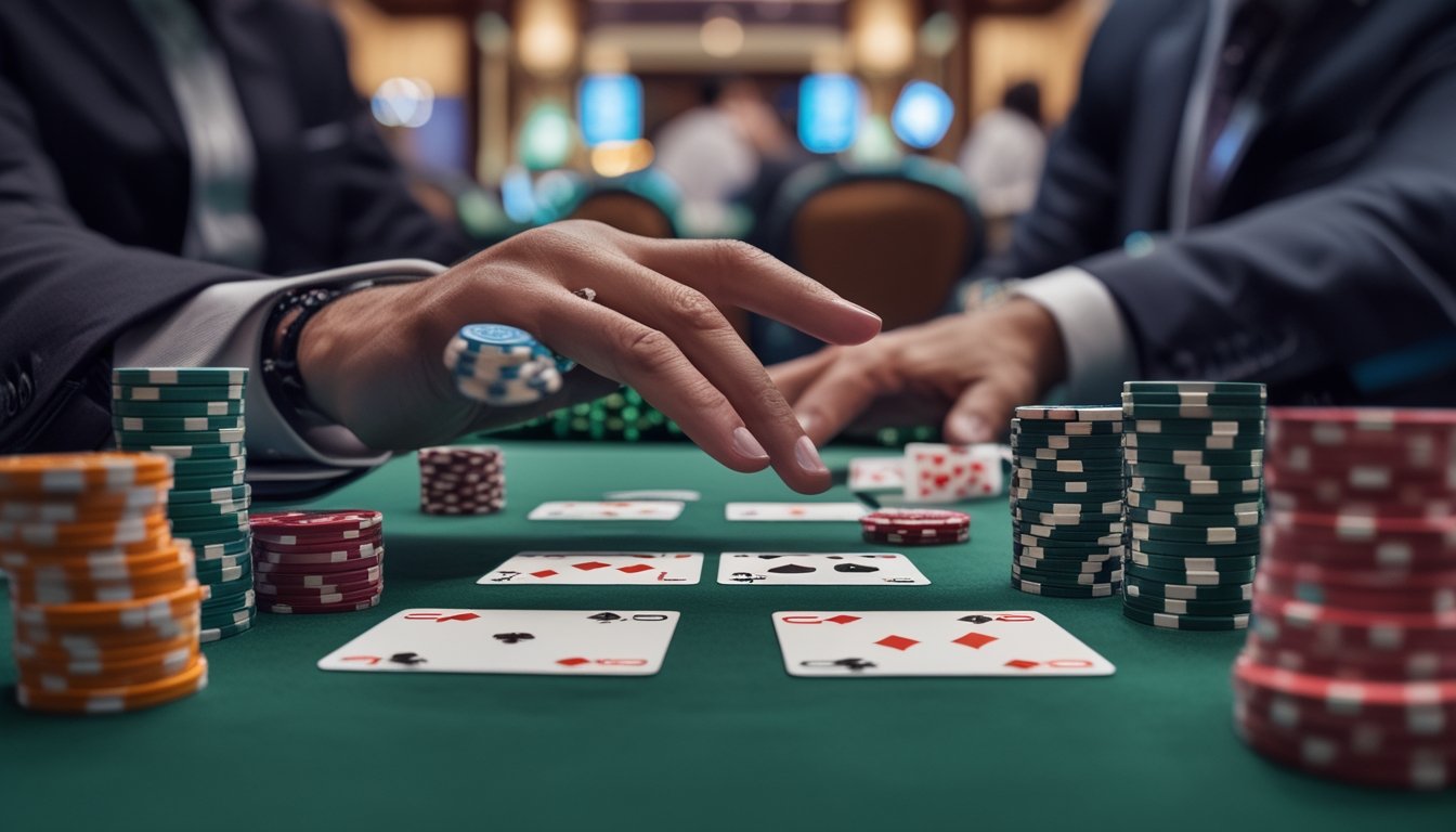 Meja kasino dengan kartu remi dan tumpukan chip poker, dealer sedang membagikan kartu dalam suasana kasino yang mewah.