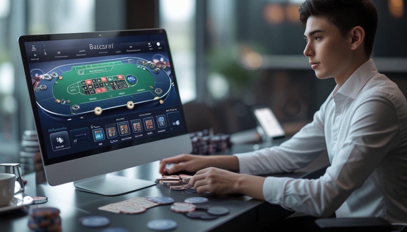 Seorang pemula bermain baccarat online di depan komputer dengan chip kasino dan kartu di meja.