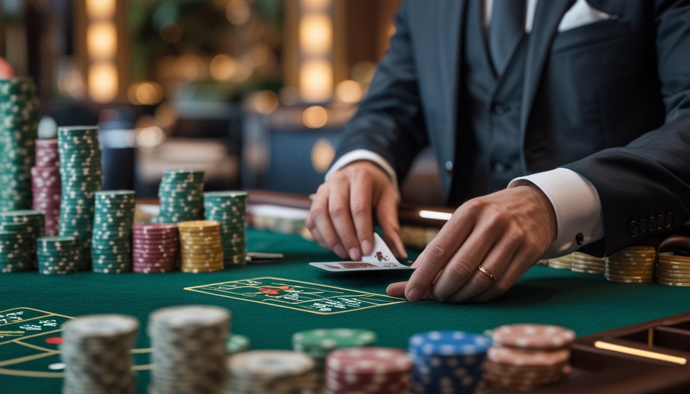 Meja permainan baccarat di kasino dengan dealer yang sedang membagikan kartu dan tumpukan chip berwarna-warni.