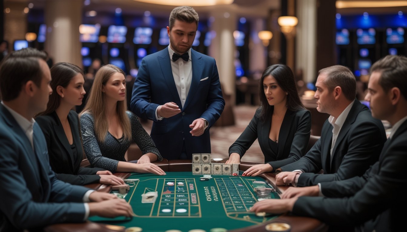 Seorang dealer menjelaskan aturan permainan No Commission Baccarat kepada beberapa pemain yang duduk di meja baccarat di kasino.