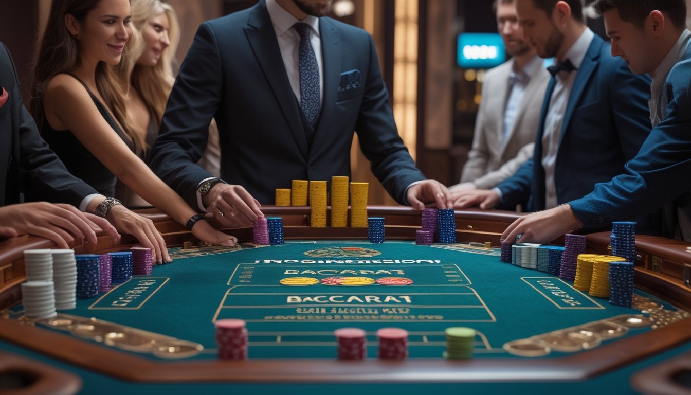 Seorang dealer dan beberapa pemain sedang bermain baccarat tanpa komisi di meja kasino yang elegan.