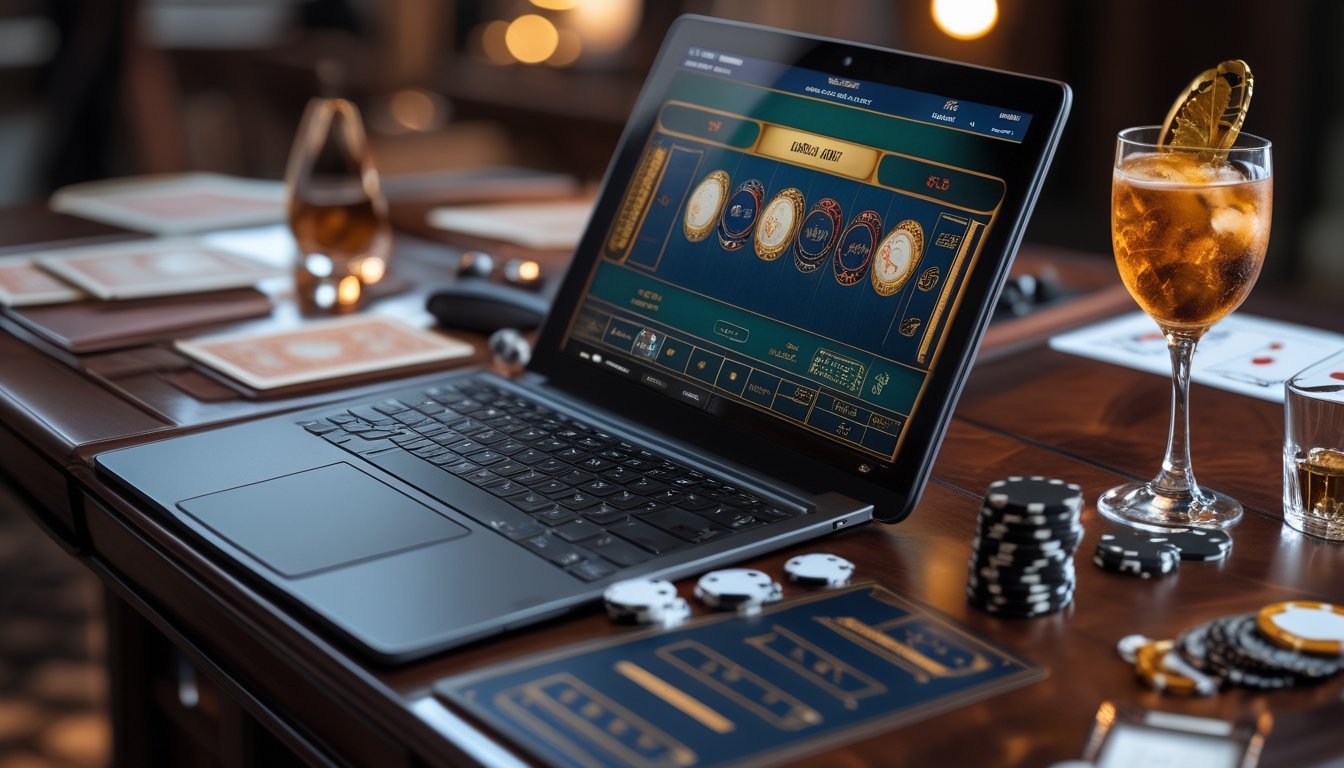 Seorang pemain menggunakan laptop dengan permainan baccarat digital di meja kayu dengan chip dan kartu remi di sekitarnya.