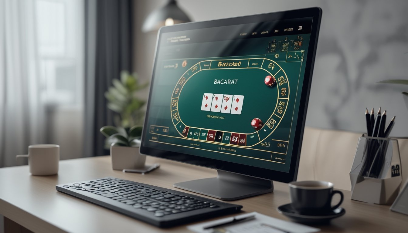 Seorang pemain sedang menggunakan komputer dengan tampilan meja baccarat online tanpa komisi, di meja kerja yang rapi dengan catatan dan kopi.
