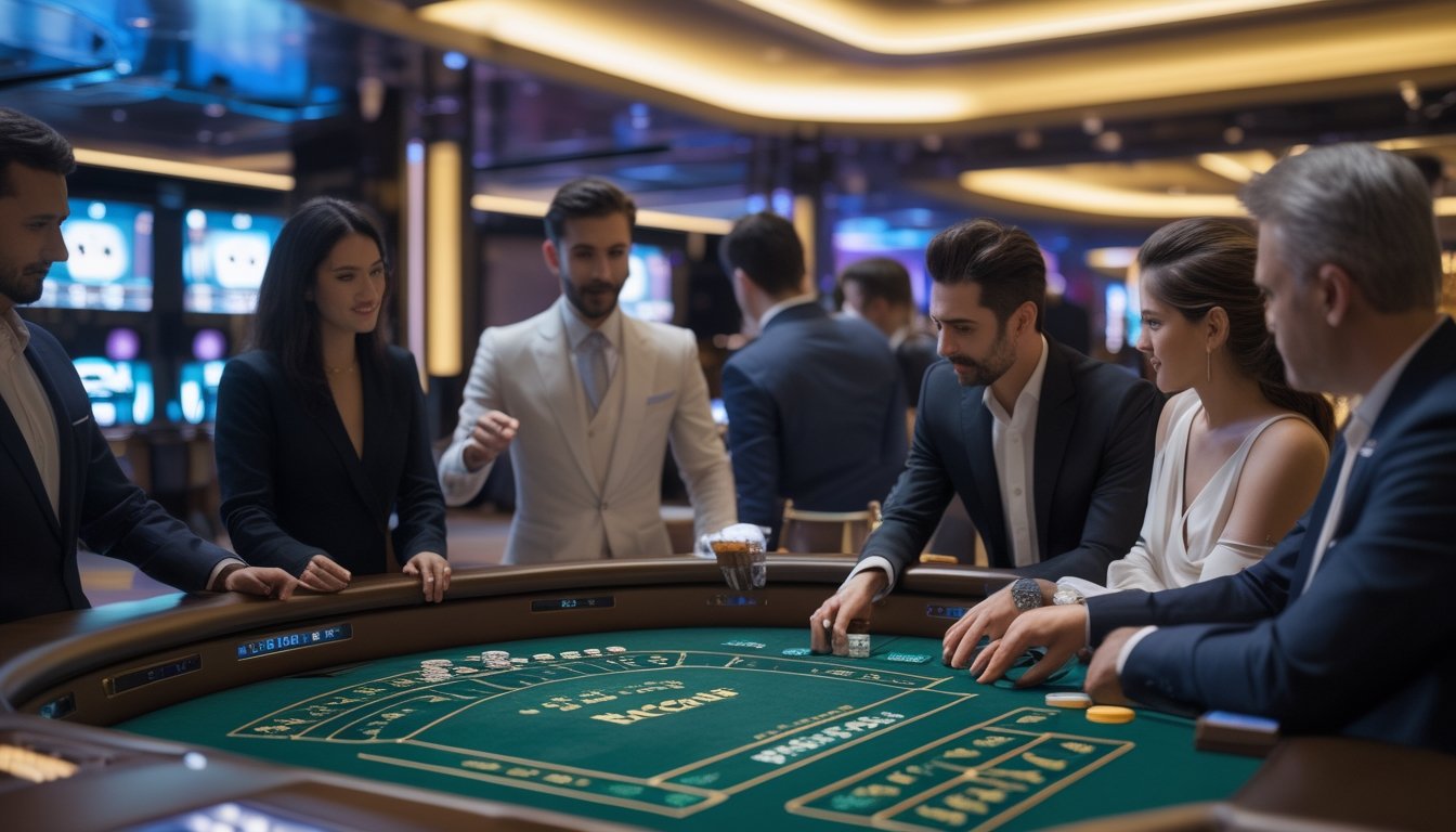 Beberapa pemain bermain baccarat di meja kasino modern dengan suasana futuristik dan pencahayaan hangat.