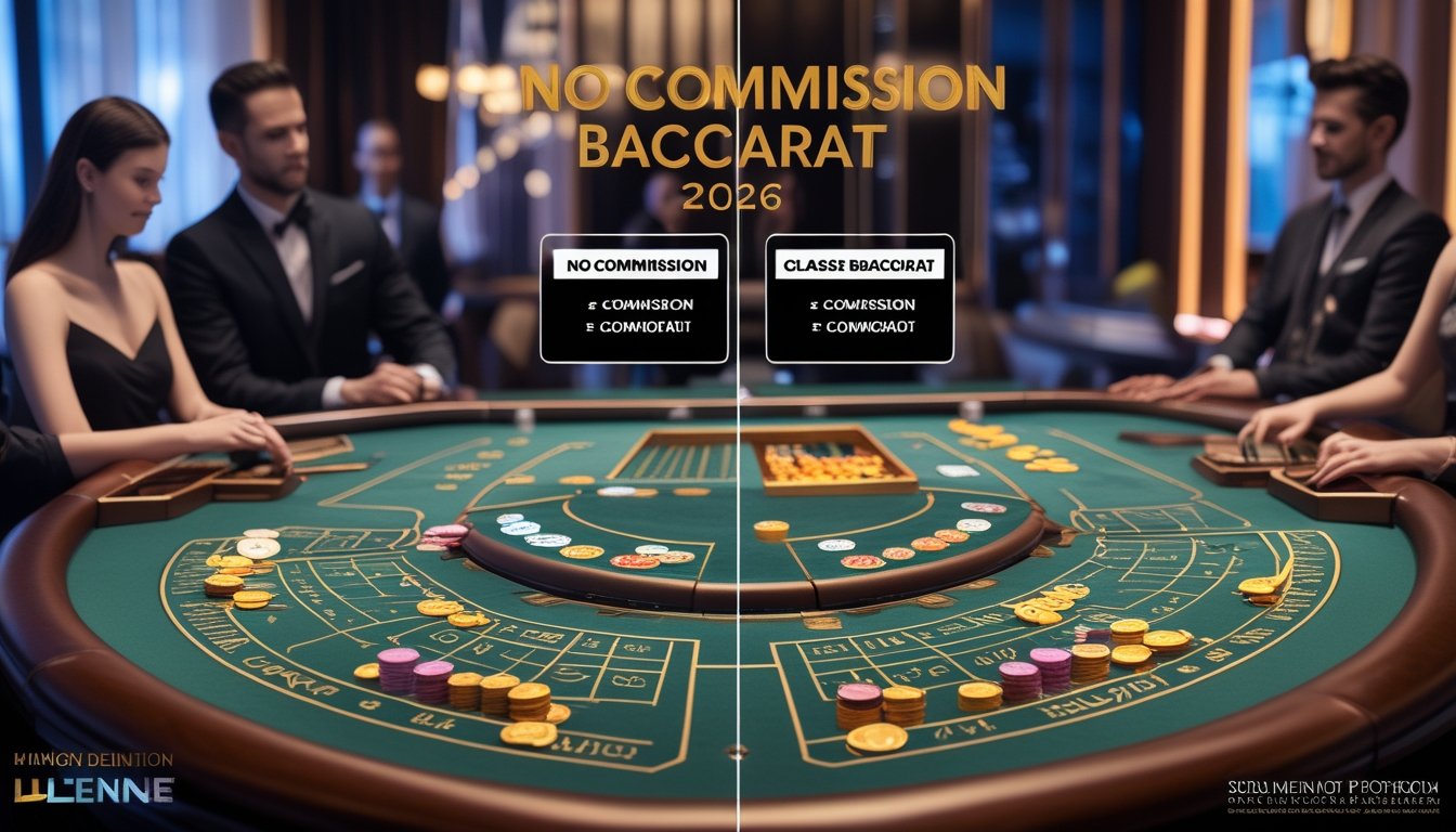 Meja kasino dengan dua jenis permainan baccarat, No Commission dan Klasik, dengan pemain dan dealer di suasana kasino yang elegan.