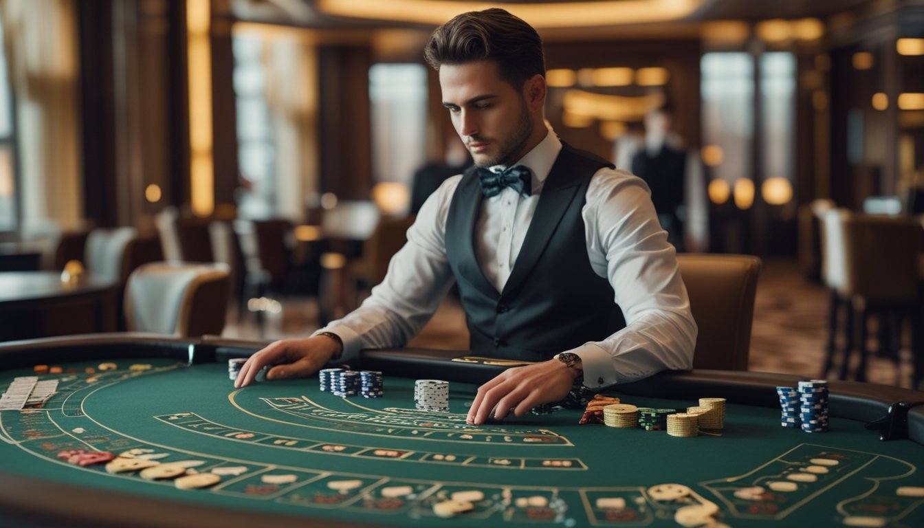 Seorang pemain berpakaian rapi sedang duduk di meja baccarat di kasino mewah dengan dealer yang sedang membagikan kartu.