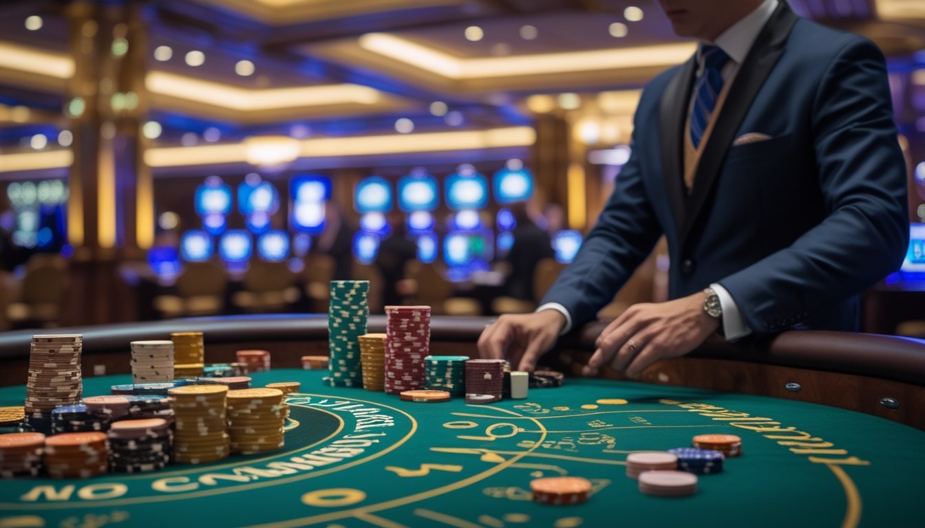 Meja permainan baccarat di kasino dengan dealer yang membagikan kartu dan tumpukan chip di atas meja.