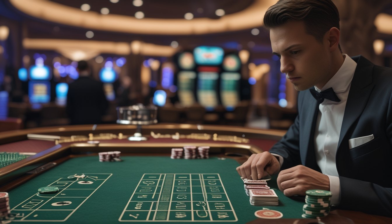 Seorang pemain profesional di meja baccarat yang sedang fokus menganalisis kartu dan chip dalam suasana kasino yang mewah.