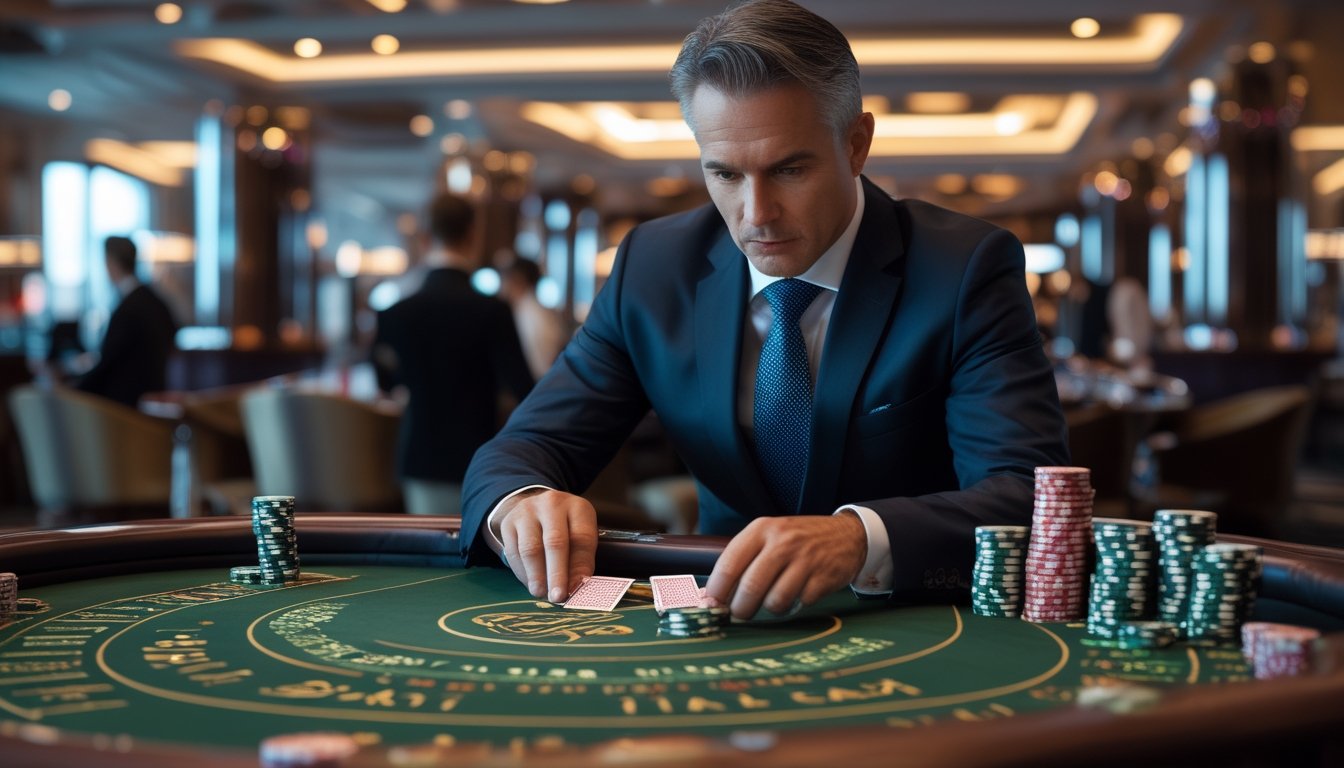 Seorang pemain profesional sedang fokus bermain Baccarat di meja kasino dengan suasana mewah dan pencahayaan lembut.