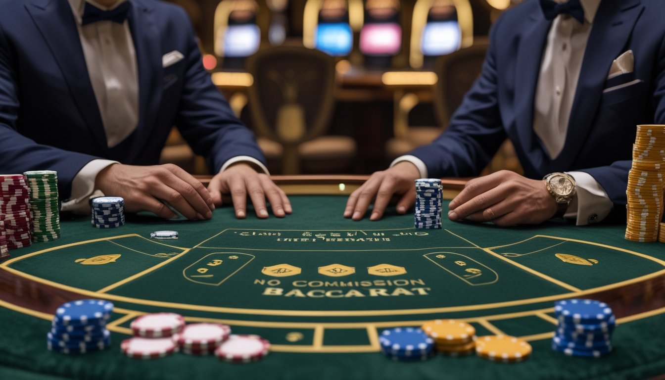 Meja baccarat di kasino dengan dua pengaturan permainan yang berbeda dan dealer yang sedang membagikan kartu.