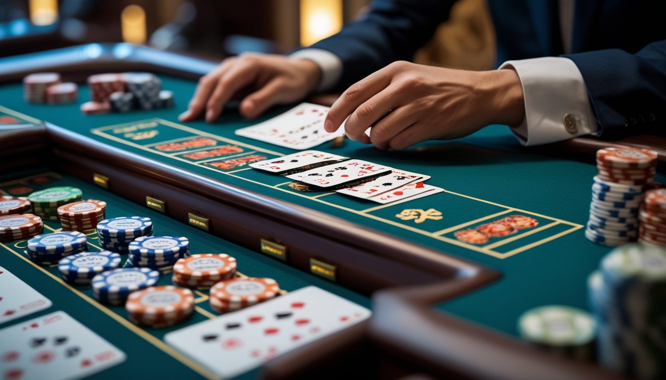 Meja kasino dengan kartu dan chip Baccarat yang tersusun rapi, memperlihatkan perbedaan antara No Commission Baccarat dan baccarat biasa.