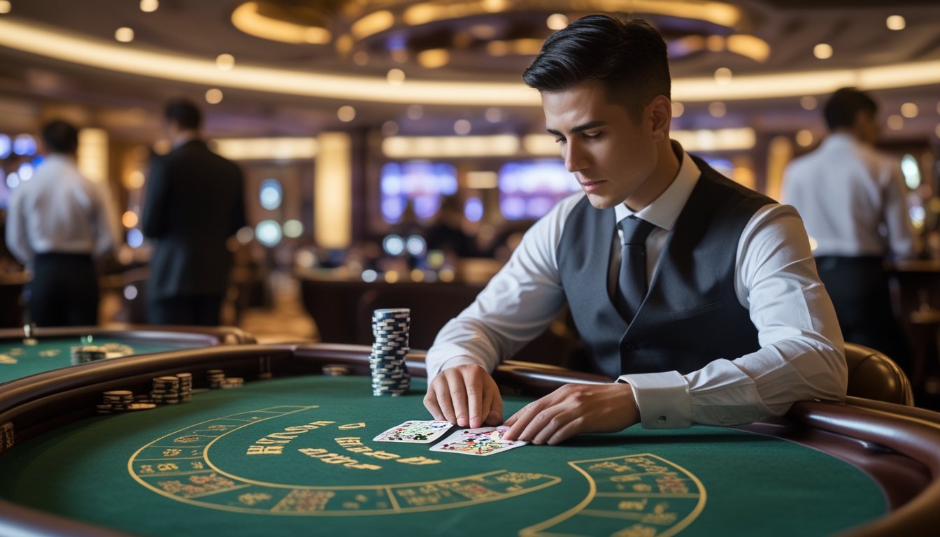 Seorang pemain berpakaian rapi sedang memperhatikan kartu baccarat di meja kasino dengan tumpukan chip di dekatnya.