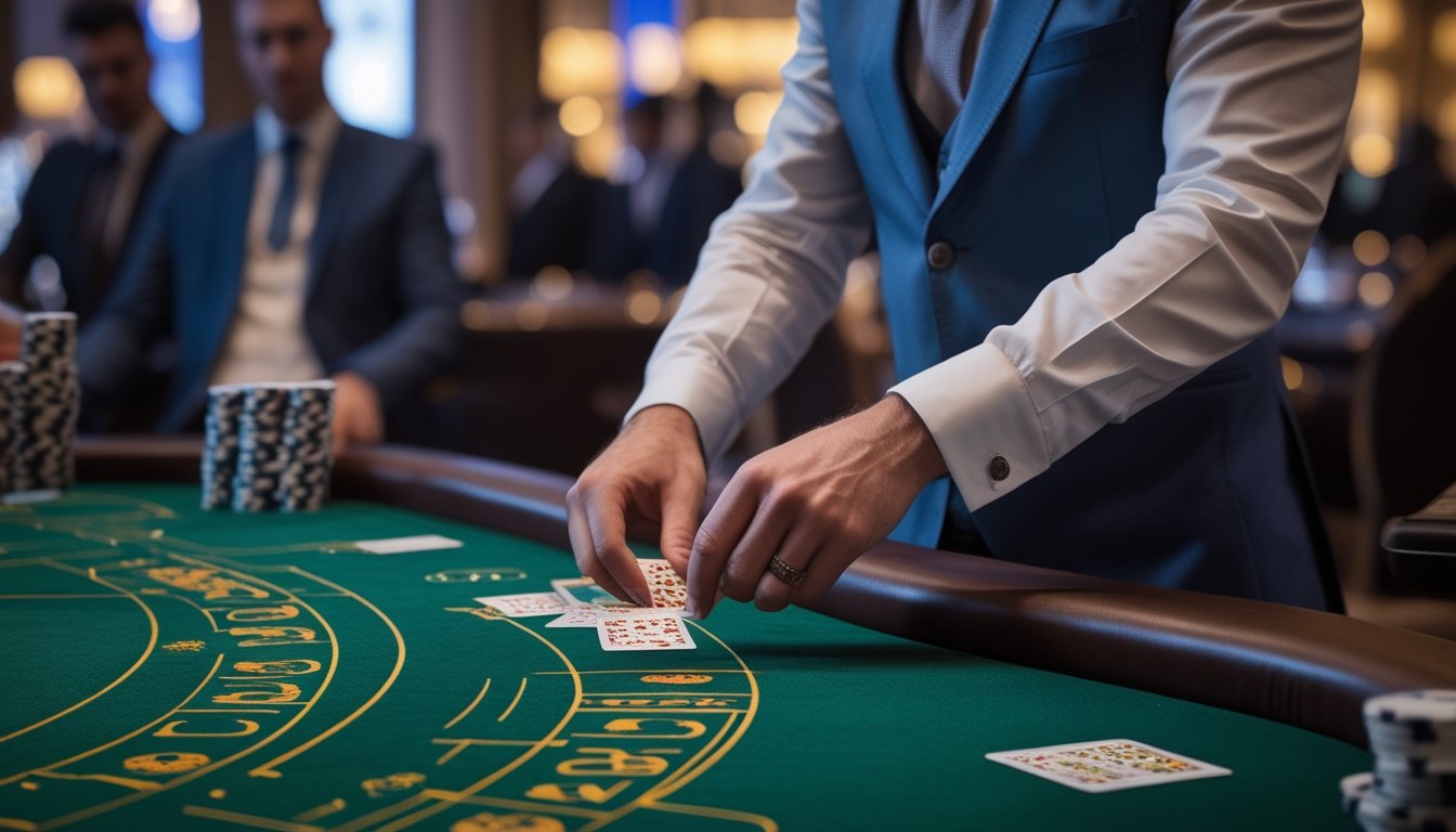 Seorang dealer berpakaian rapi sedang membagikan kartu baccarat di meja hijau dengan tumpukan chip, di latar belakang suasana kasino mewah dan pemain yang mengamati permainan.