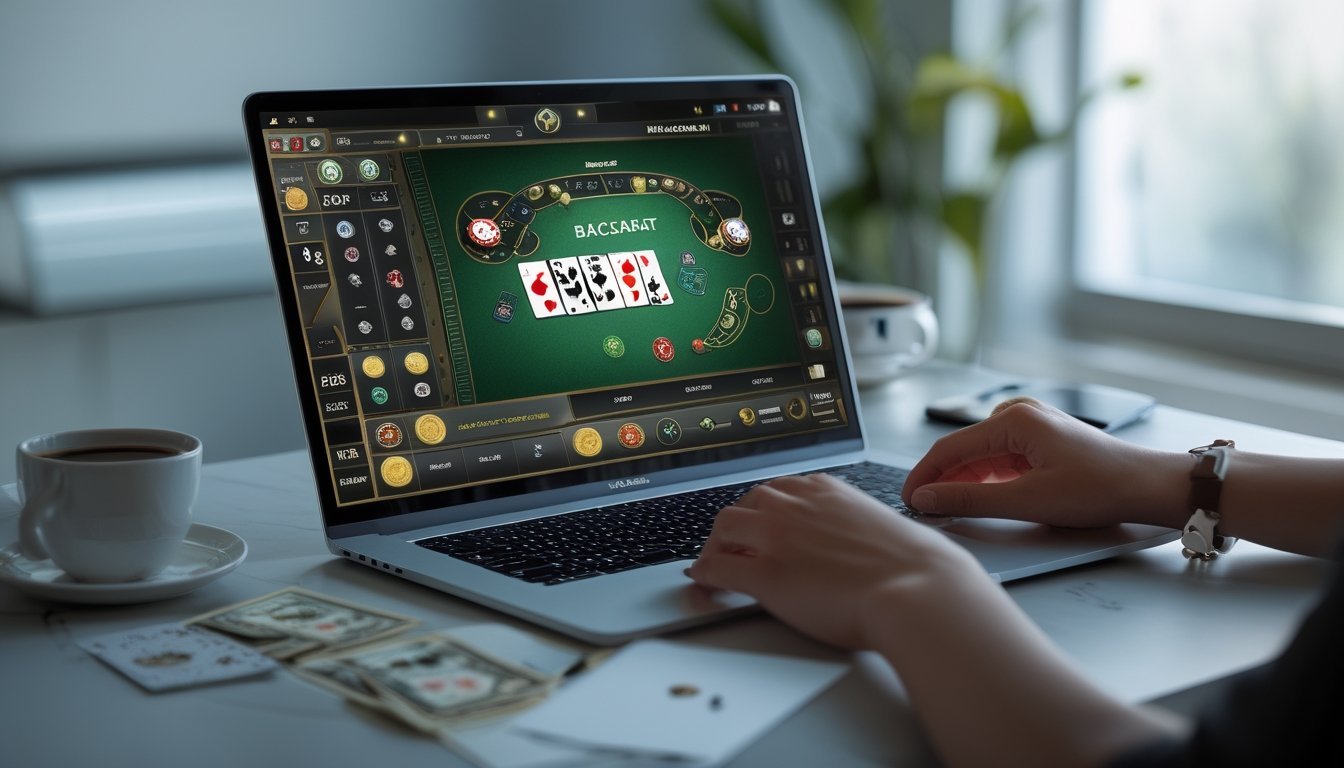 Seseorang sedang bermain baccarat online di komputer dengan suasana nyaman dan tampilan permainan yang jelas.